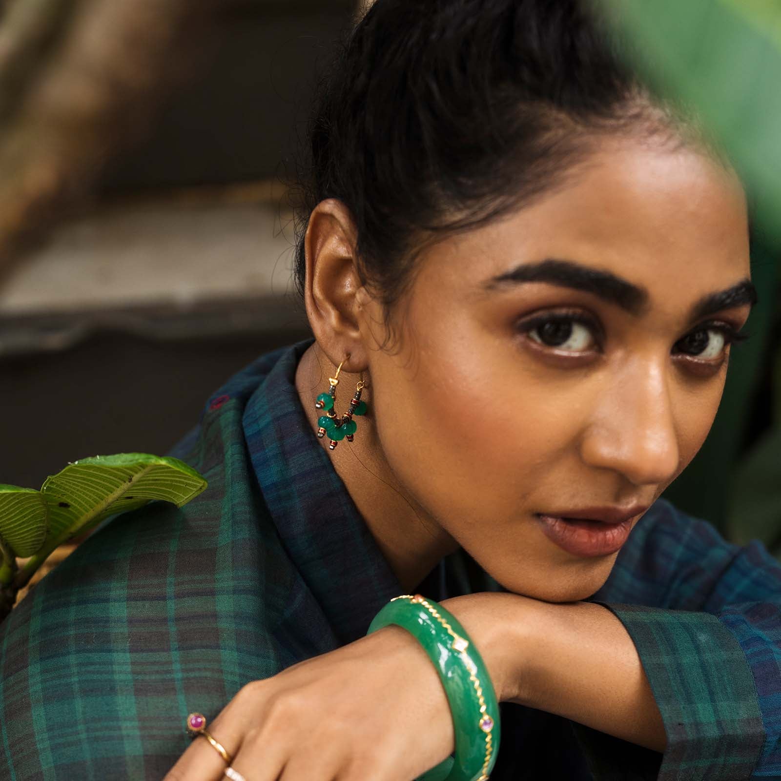 Green Onyx Diamond and Gold Hoop Earrings