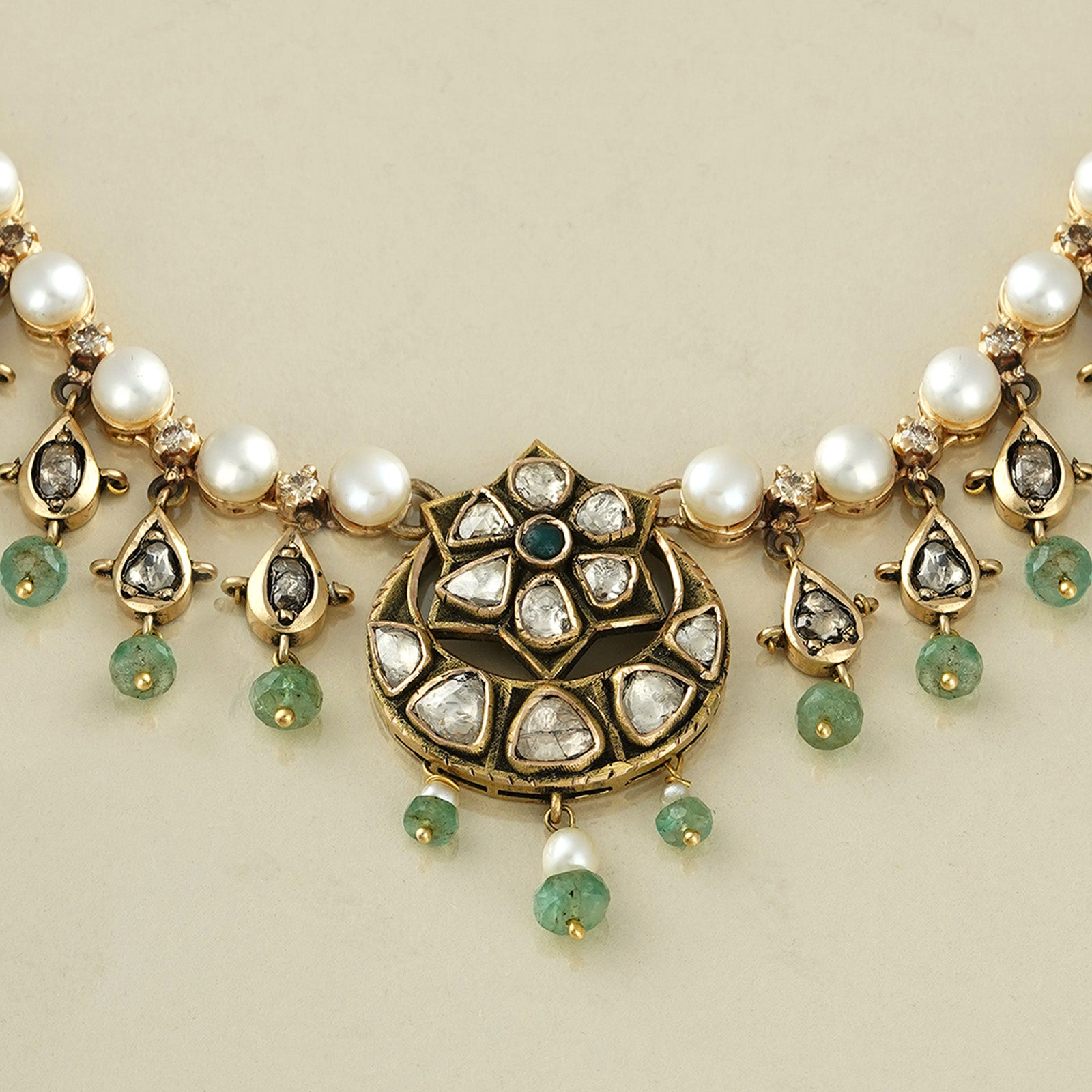 Gold Uncut Diamond and Pearl Necklace