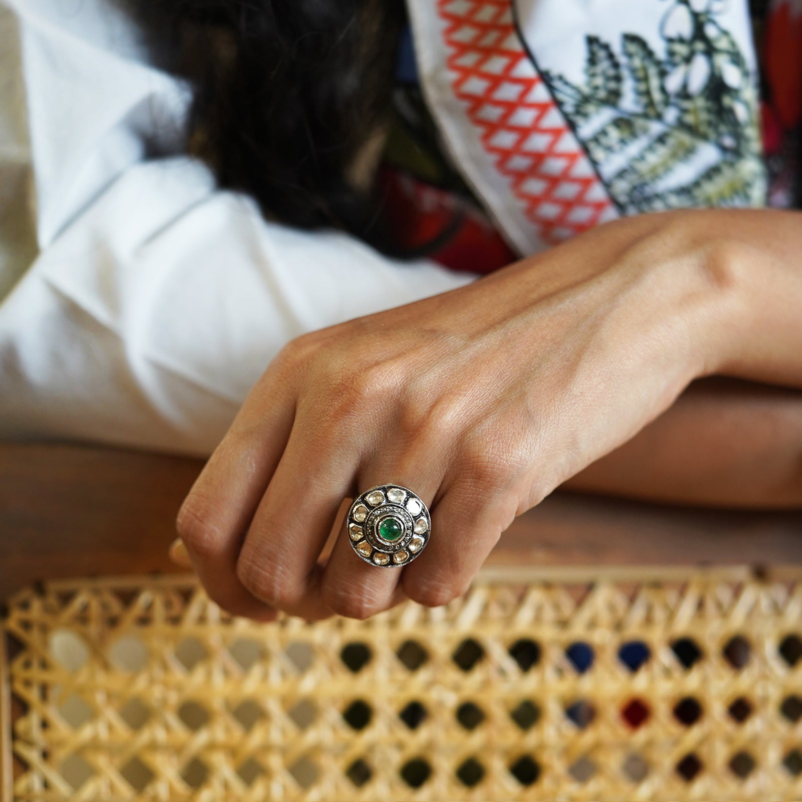 Emerald and Uncut Diamond Ring