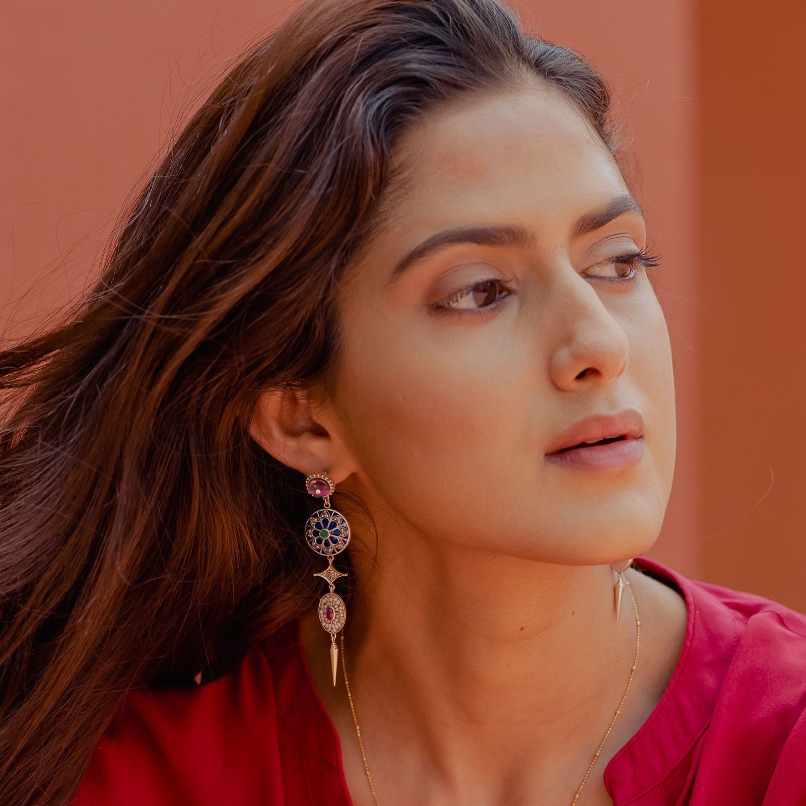 Firdos Pearl Ruby and Gold Earrings