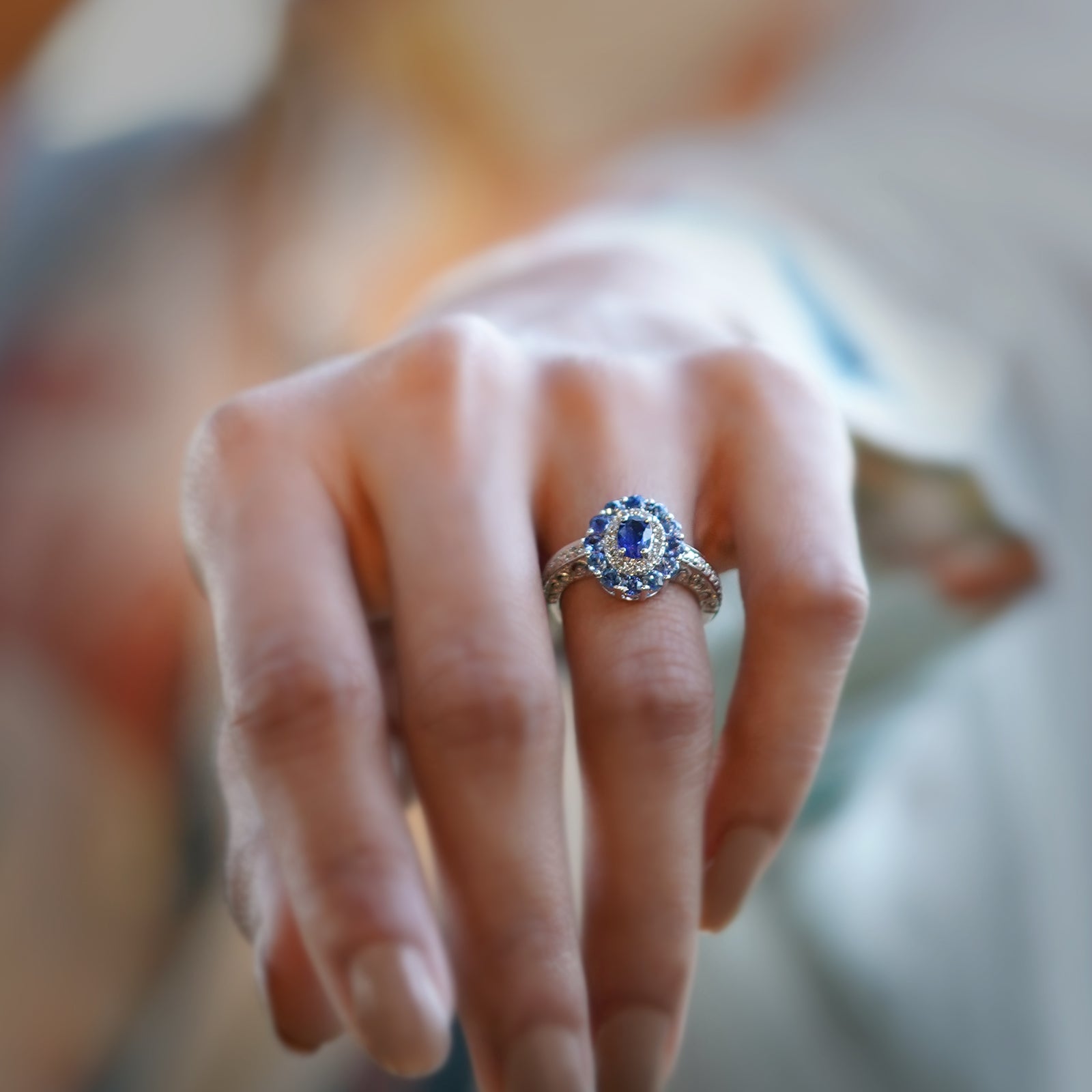 Gold Diamond and Halo Sapphire Engagement Ring