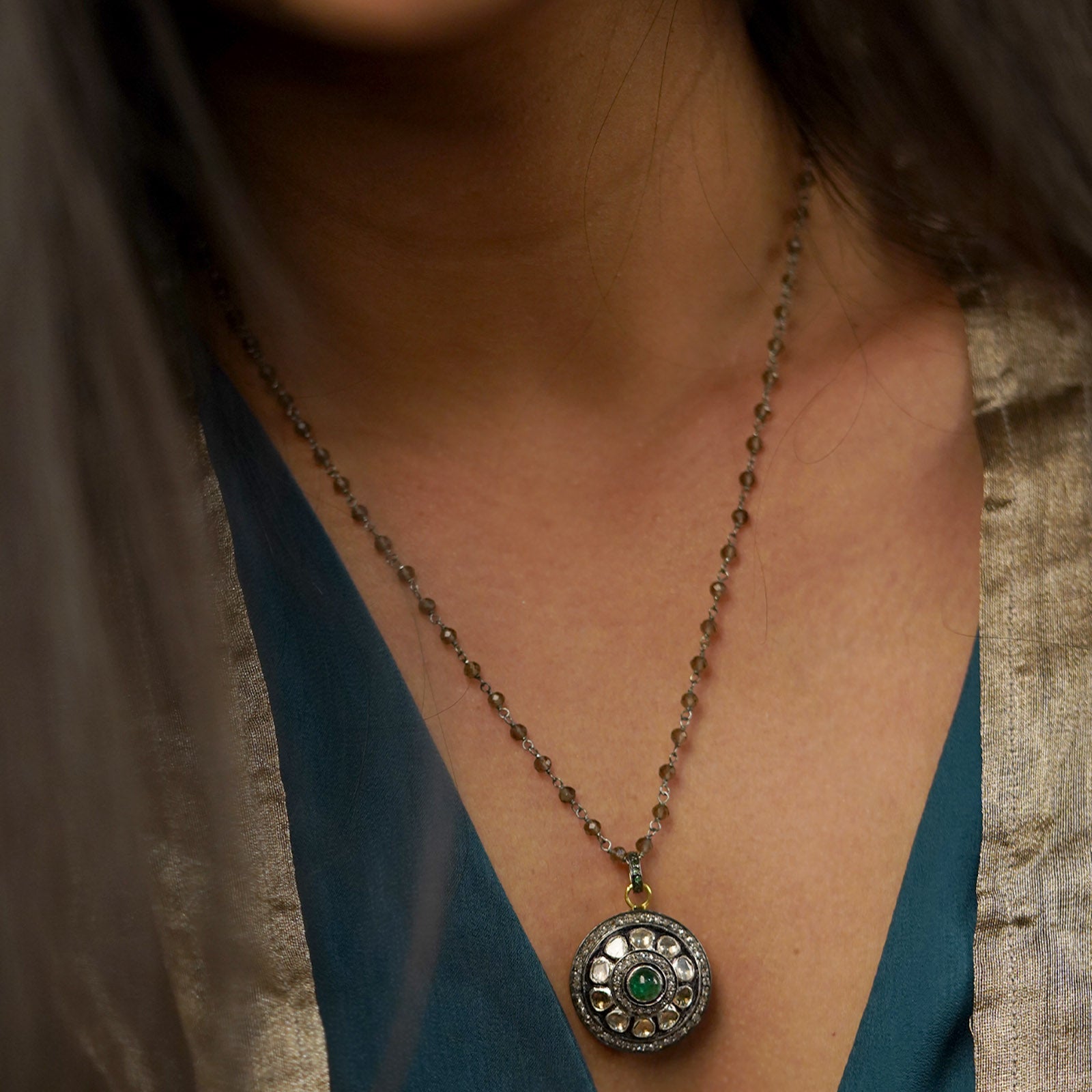 Gold Diamond and Emerald Pendant Necklace