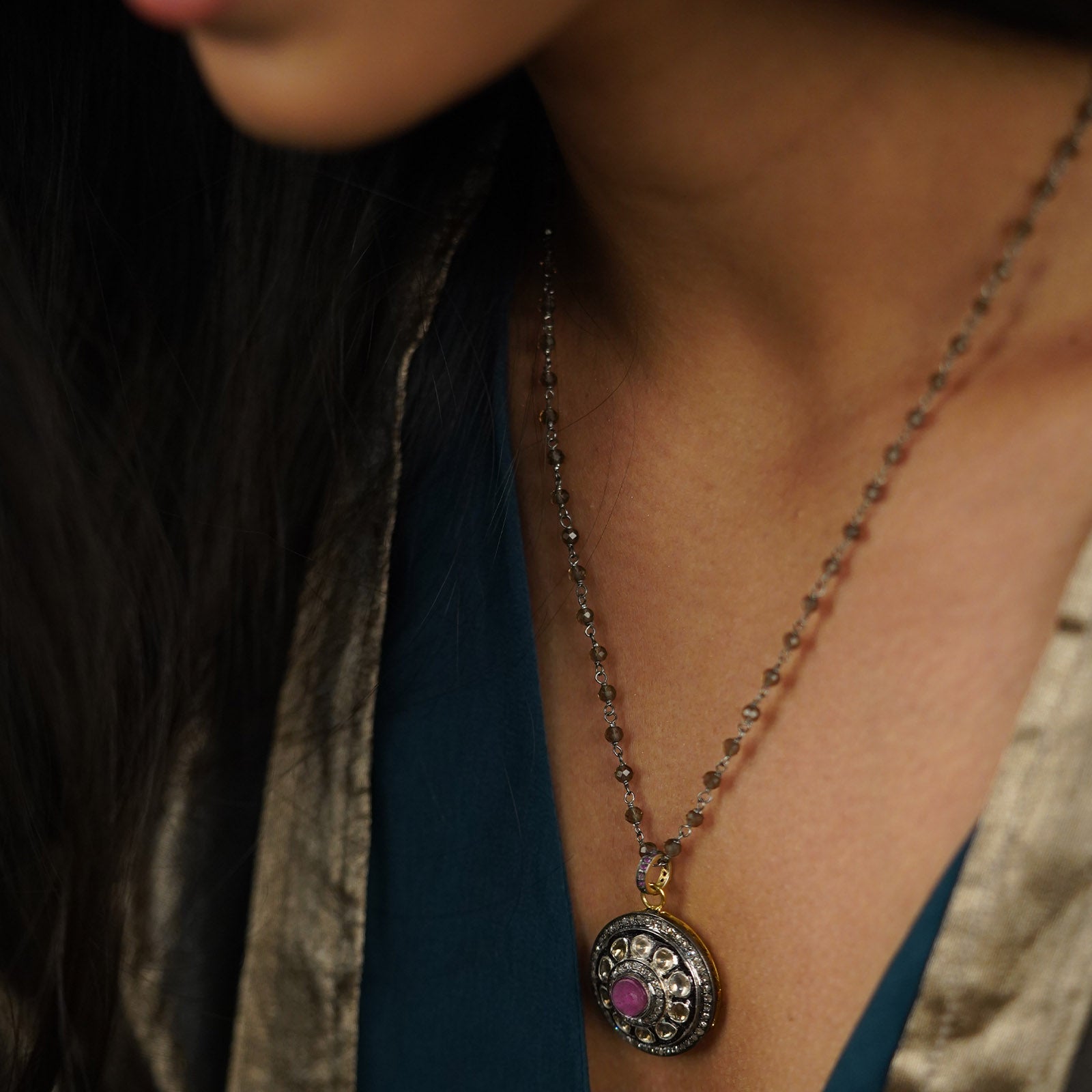 Gold Diamond and Ruby Pendant Necklace