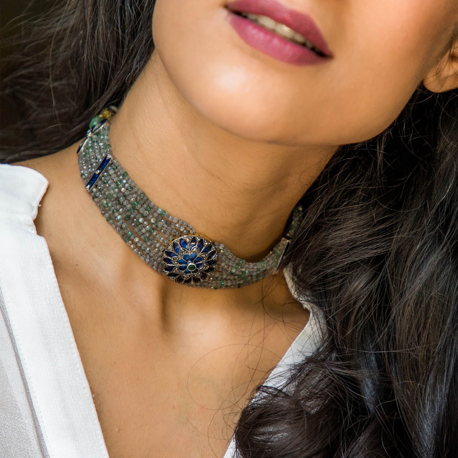 Emerald and Blue Enamel Choker Necklace