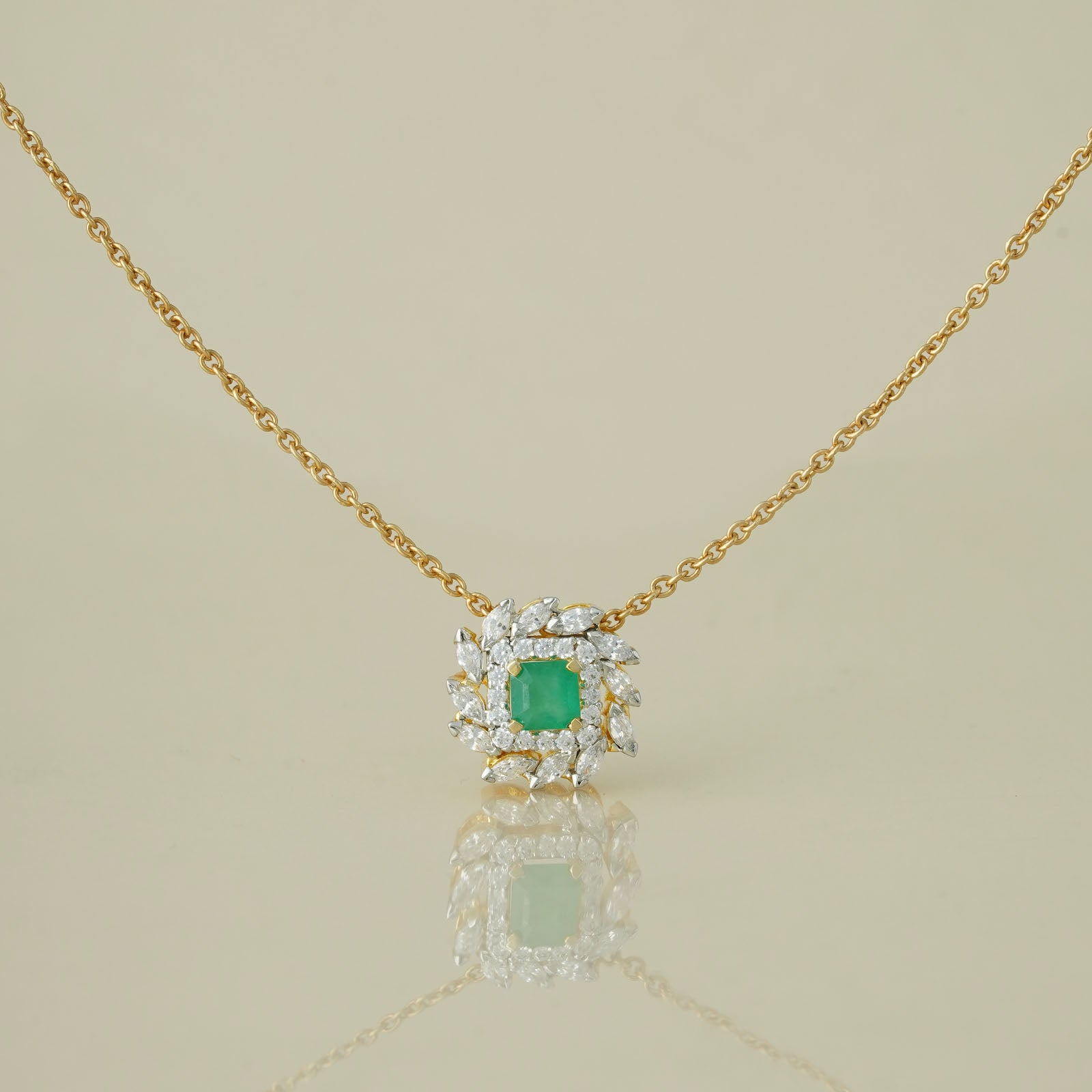 Gold Diamond and Emerald Pendant Necklace
