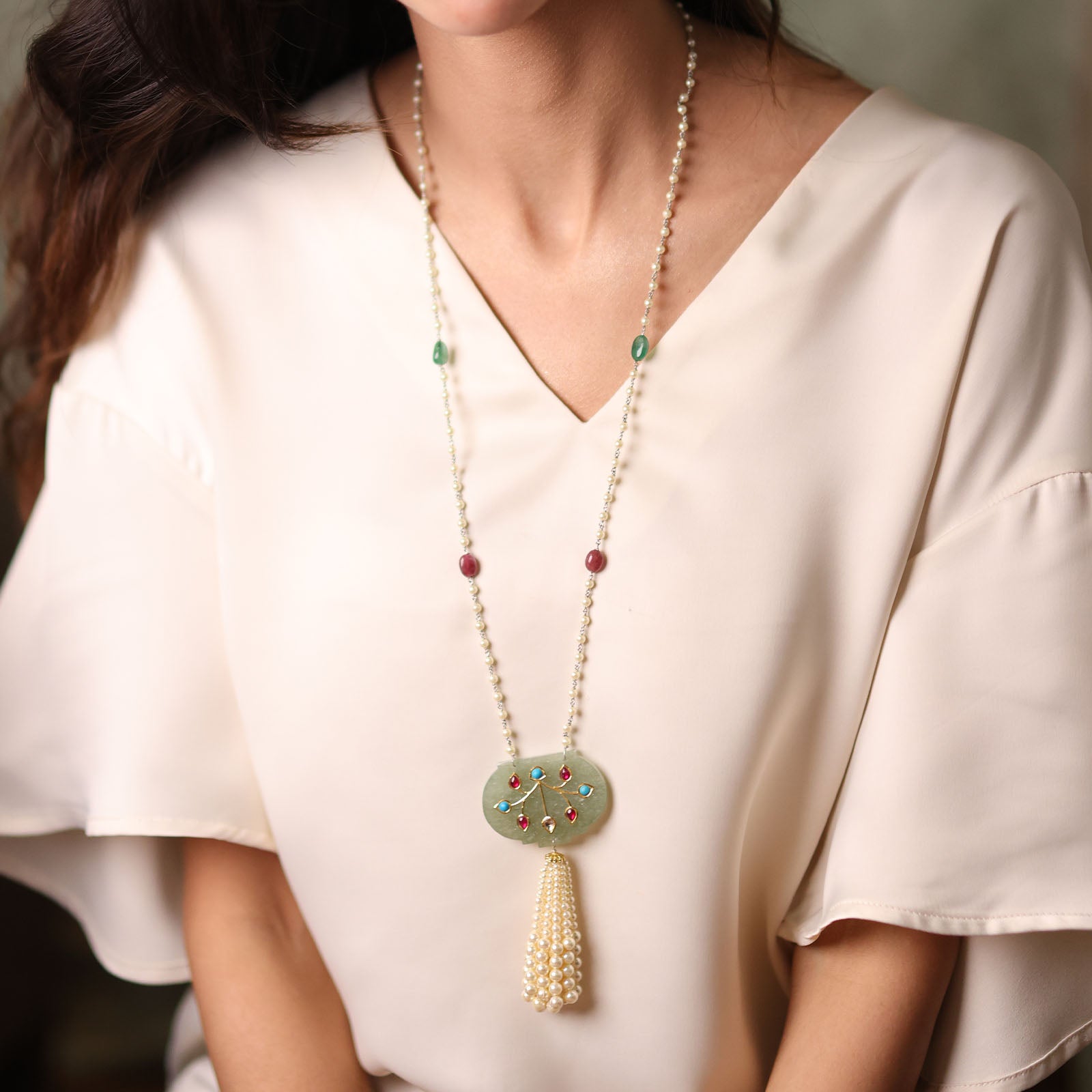 Pearl Tassel Multi Stone Necklace