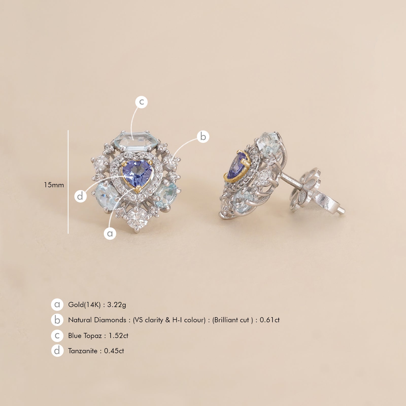 Amalfi Sky Studs with heart-shaped tanzanite surrounded by brilliant diamonds and blue topaz.