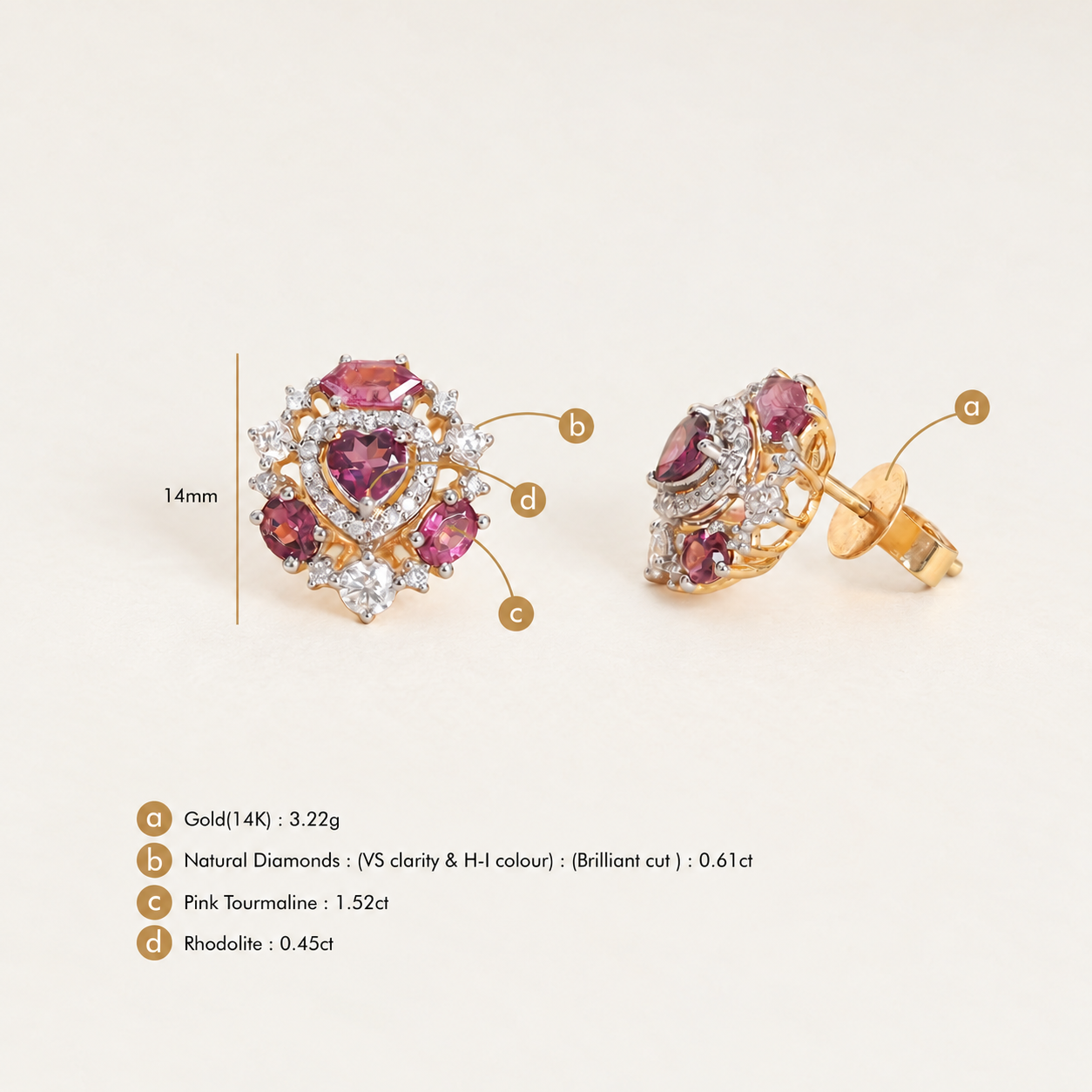 Model wearing pink gemstone jewelry ear studs for an evening occasion