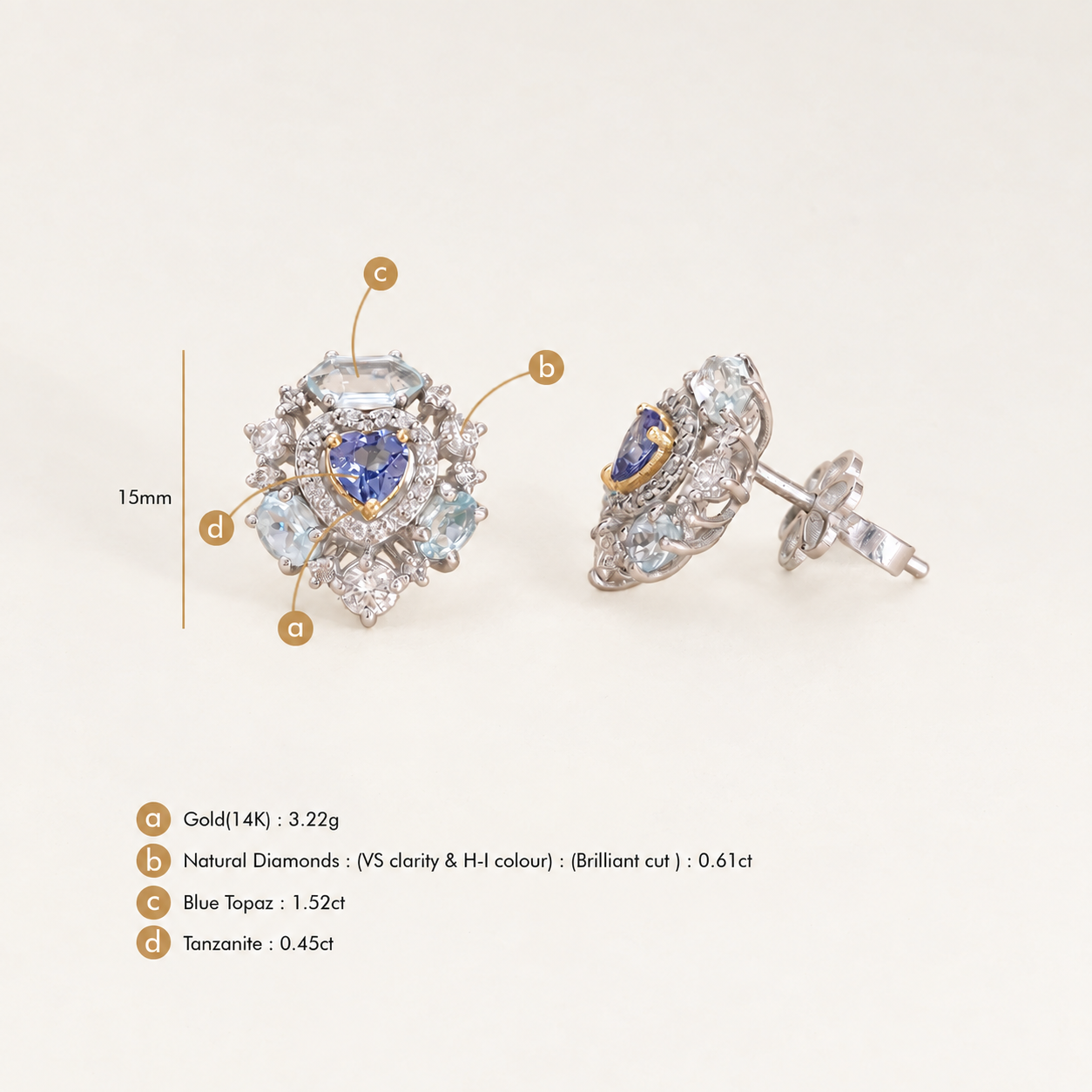 Side view of Amalfi Sky gold studs showing profile and stud depth