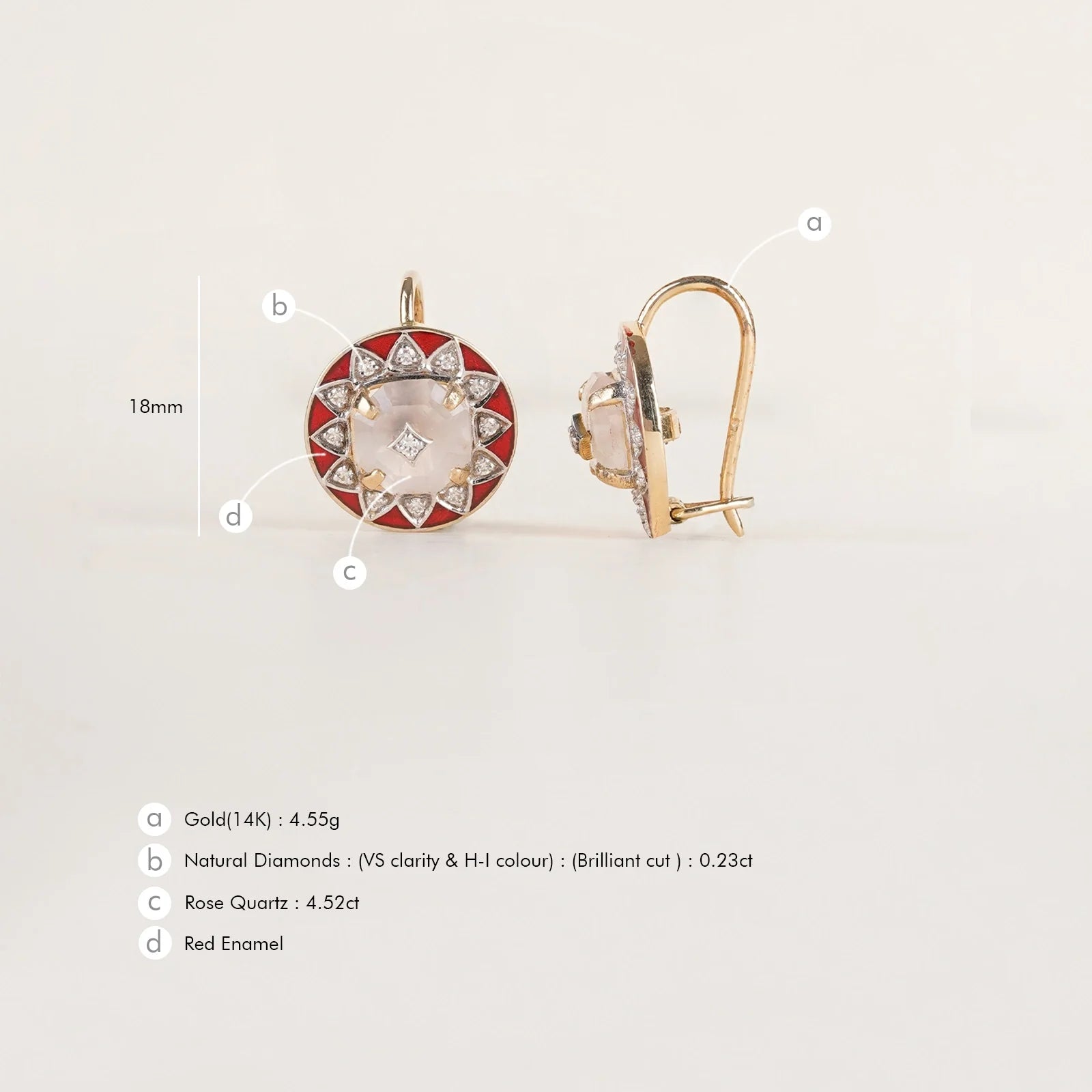 Anah Rose Earrings featuring rose quartz, diamond Anahata motif and red enamel.