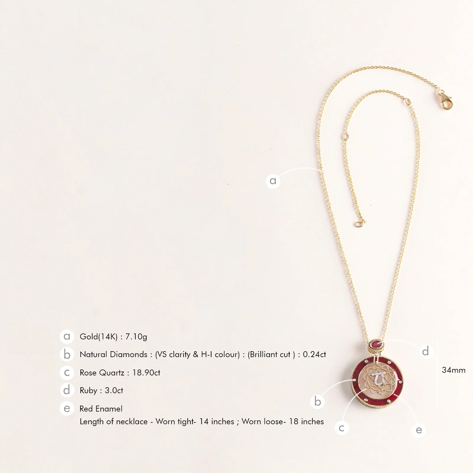 Anah Rose Pendant Necklace in 14K gold featuring rose quartz, diamond Anahata motif and red enamel.