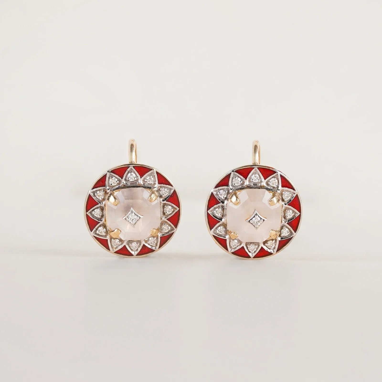 Anah Rose Earrings featuring rose quartz, diamond Anahata motif and red enamel.