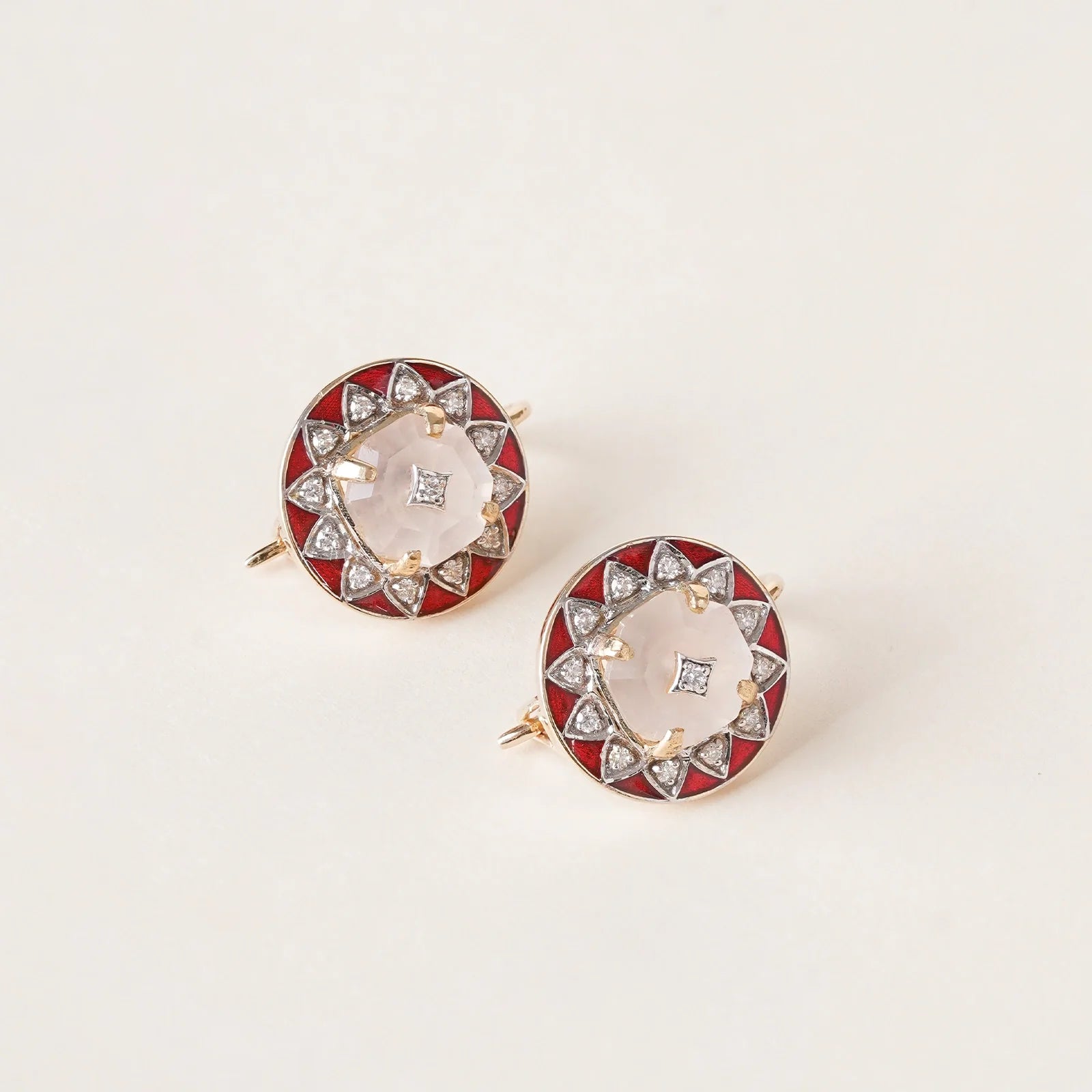 Anah Rose Earrings featuring rose quartz, diamond Anahata motif and red enamel.