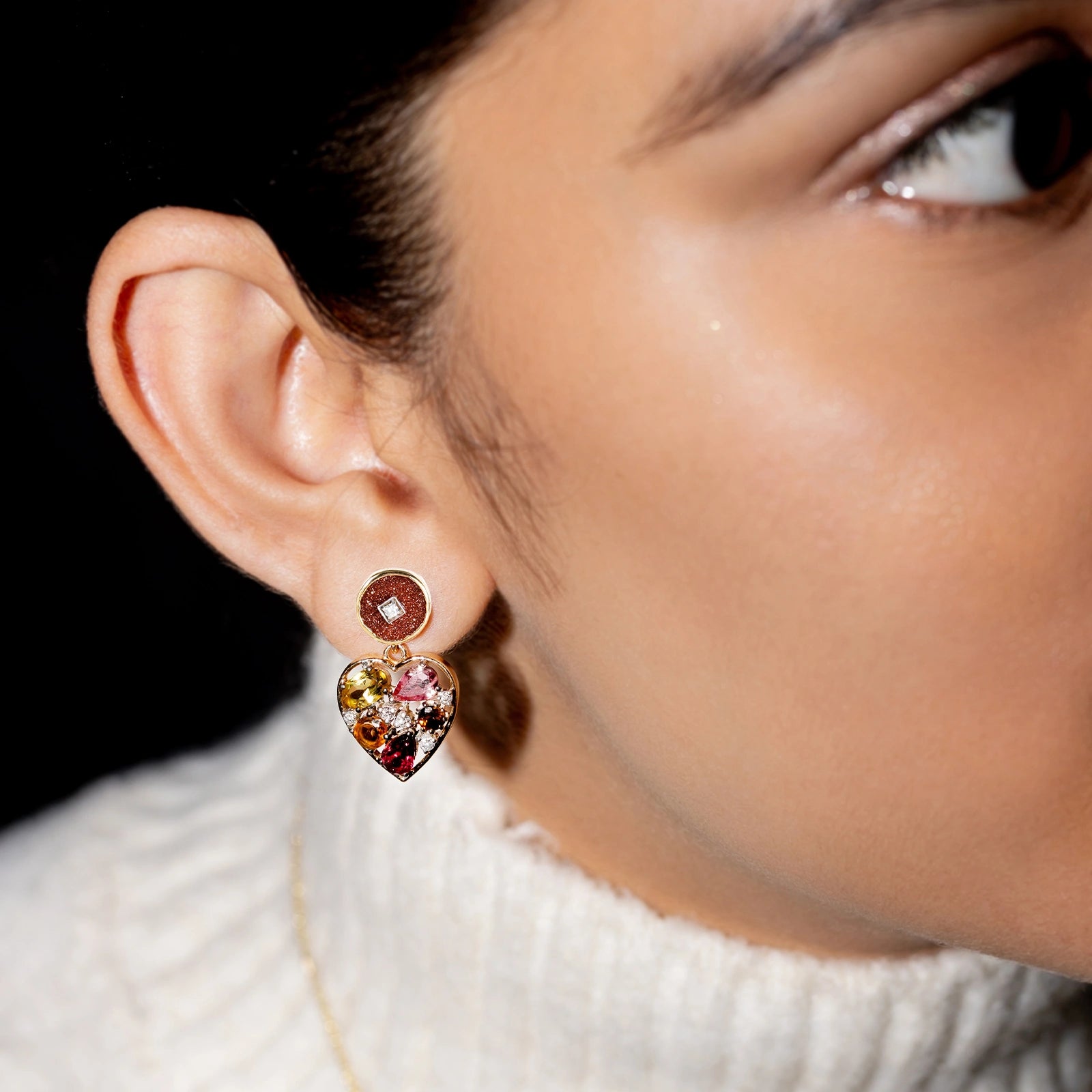 Bae Earrings in 14K gold with sunstone studs, multi-tourmaline heart drops and natural diamond accents.