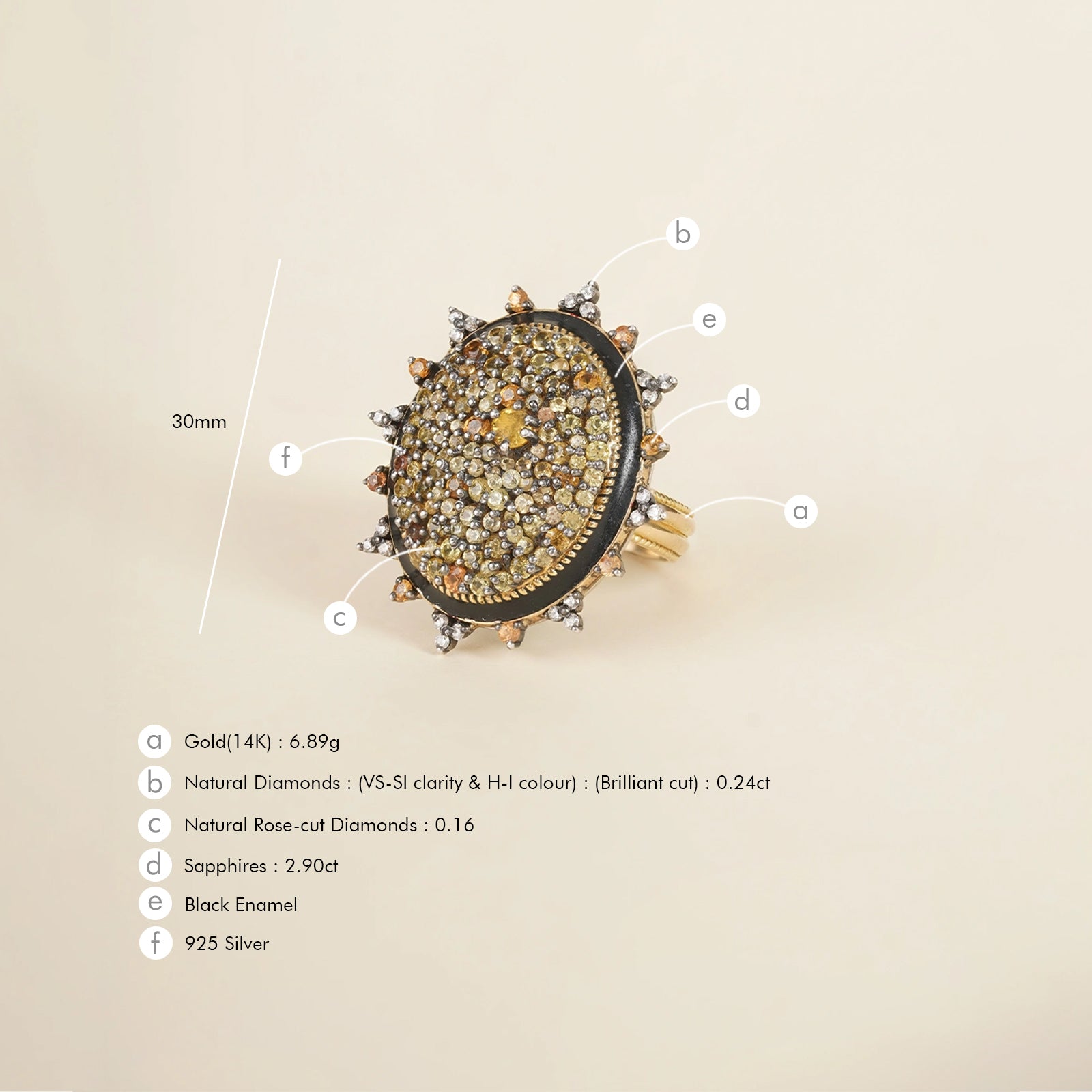 Elegant cocktail ring featuring sunlit sapphires and an enamel band.