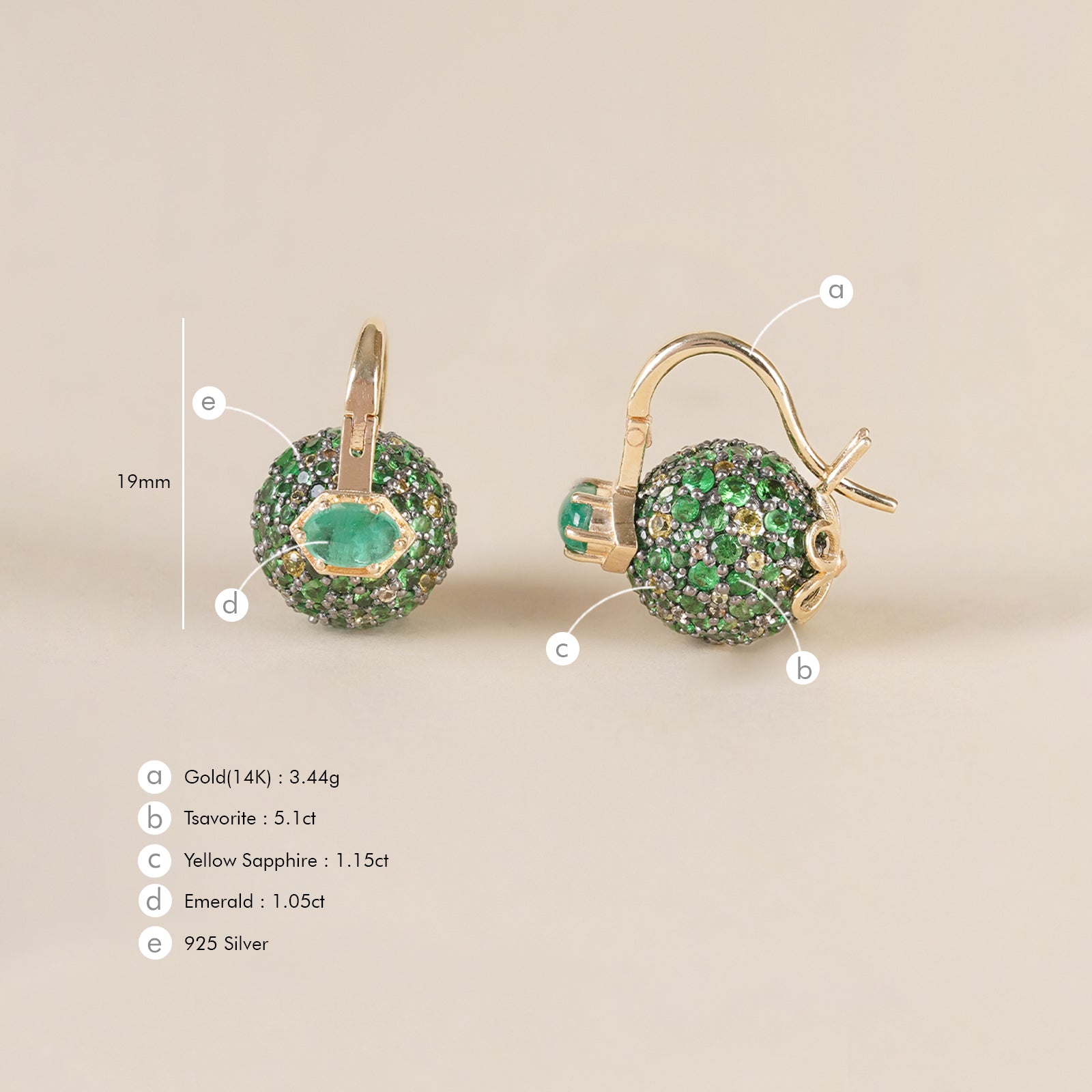 Forest-inspired earrings with pavé tsavorite, yellow sapphire, and emerald, featuring a central emerald set in gold.