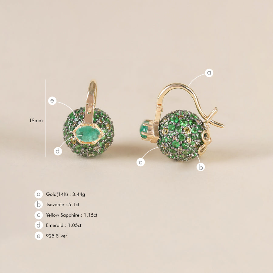 Forest-inspired earrings with pavé tsavorite, yellow sapphire, and emerald, featuring a central emerald set in gold.