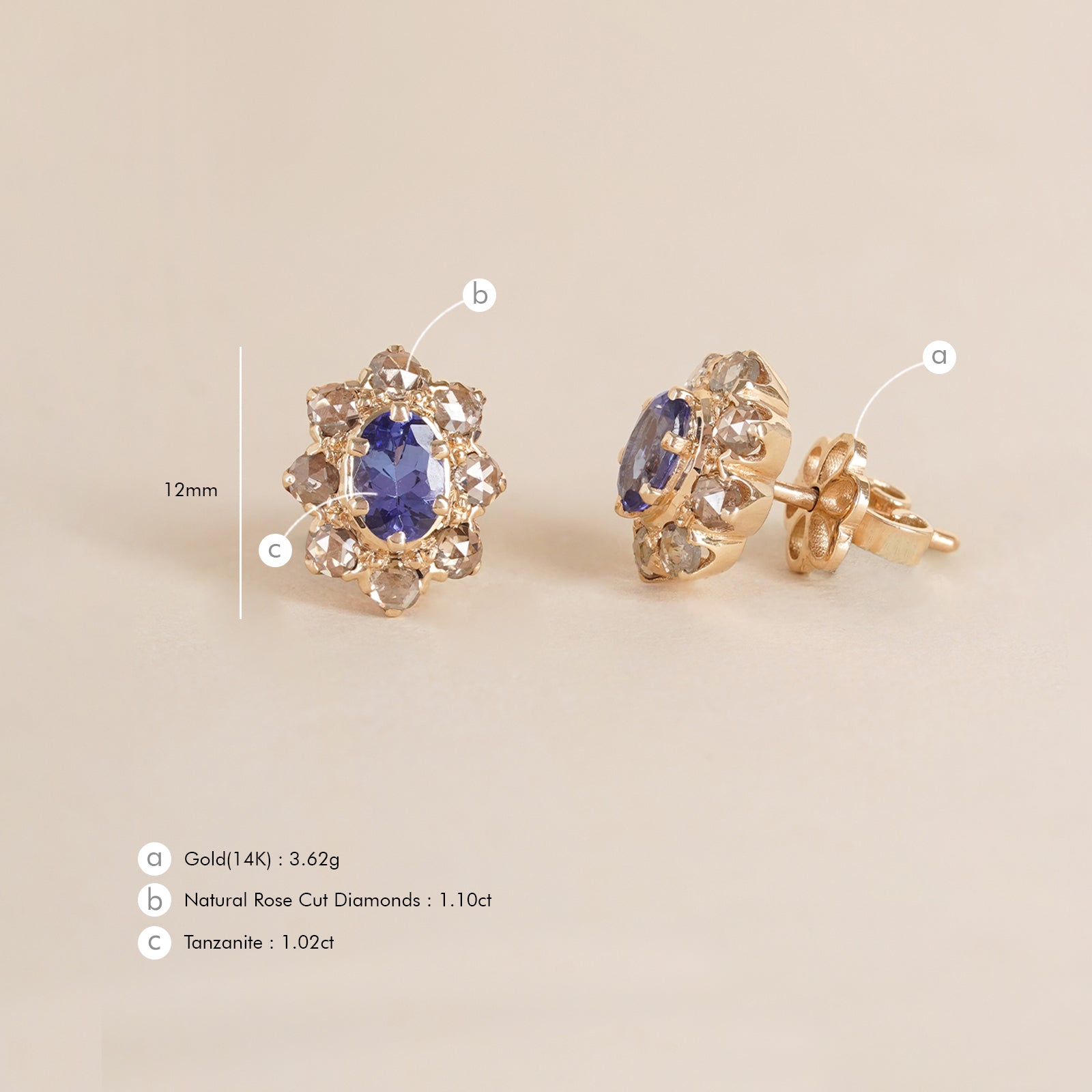 14K Gold diamond and tanzanite Juliana ear Studs