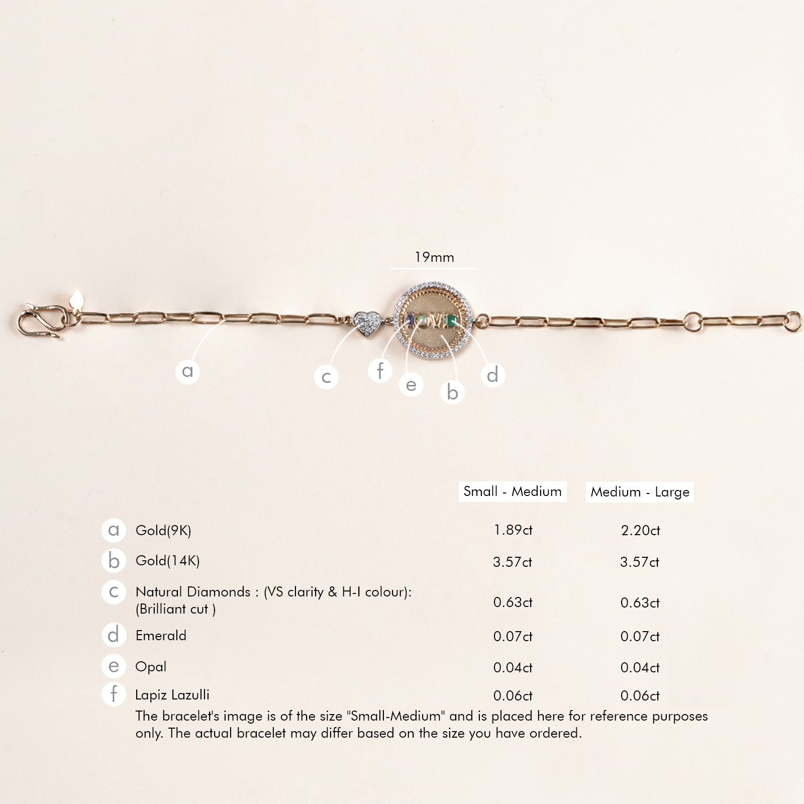 Gold Love Medallion Bracelet with acrostic gemstones spelling LOVE and natural diamonds.