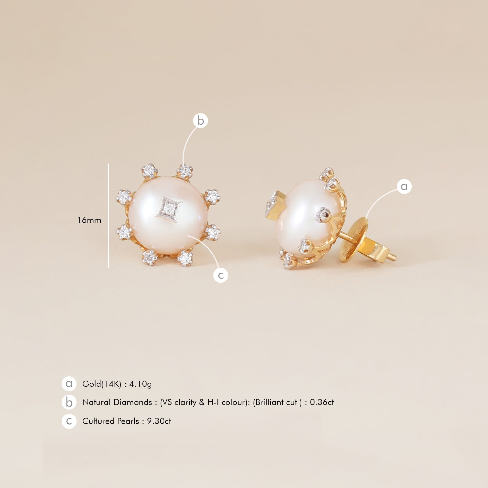 14K Gold diamond and Niva pearl Ear Studs