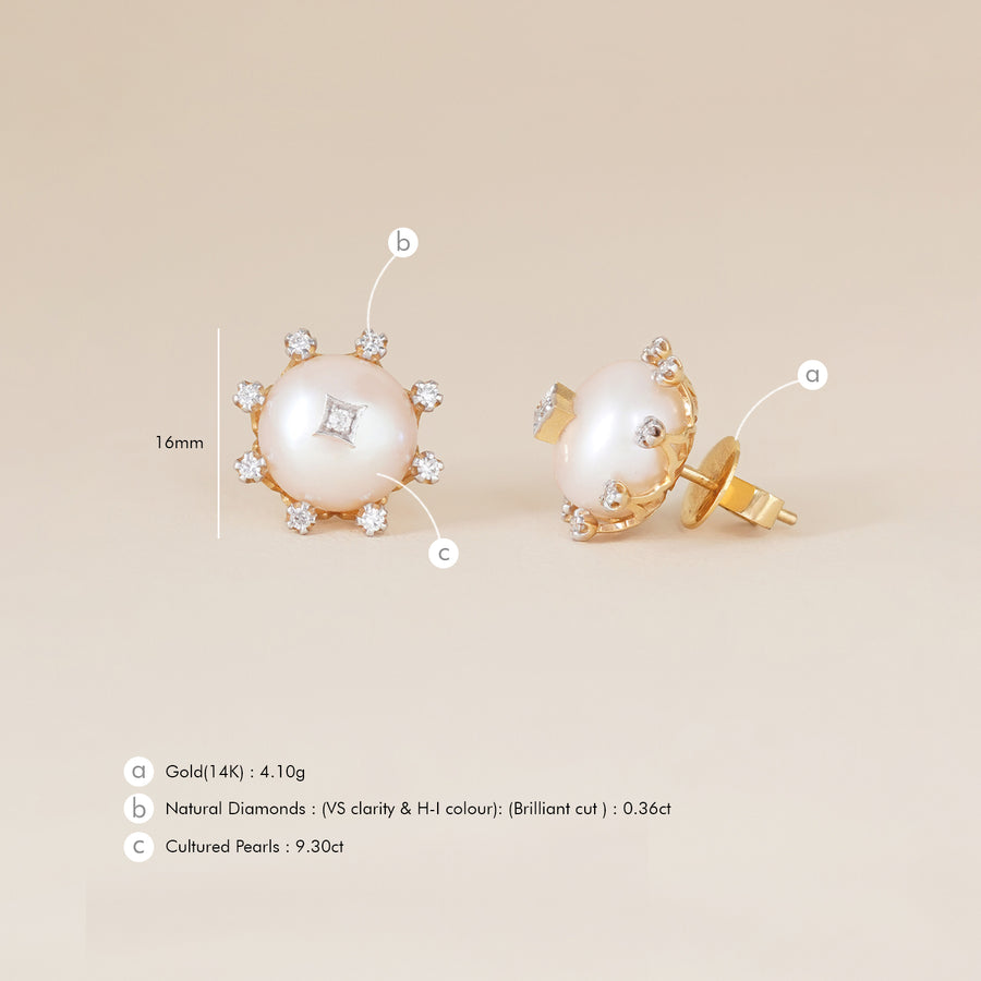 14K Gold diamond and Niva pearl Ear Studs
