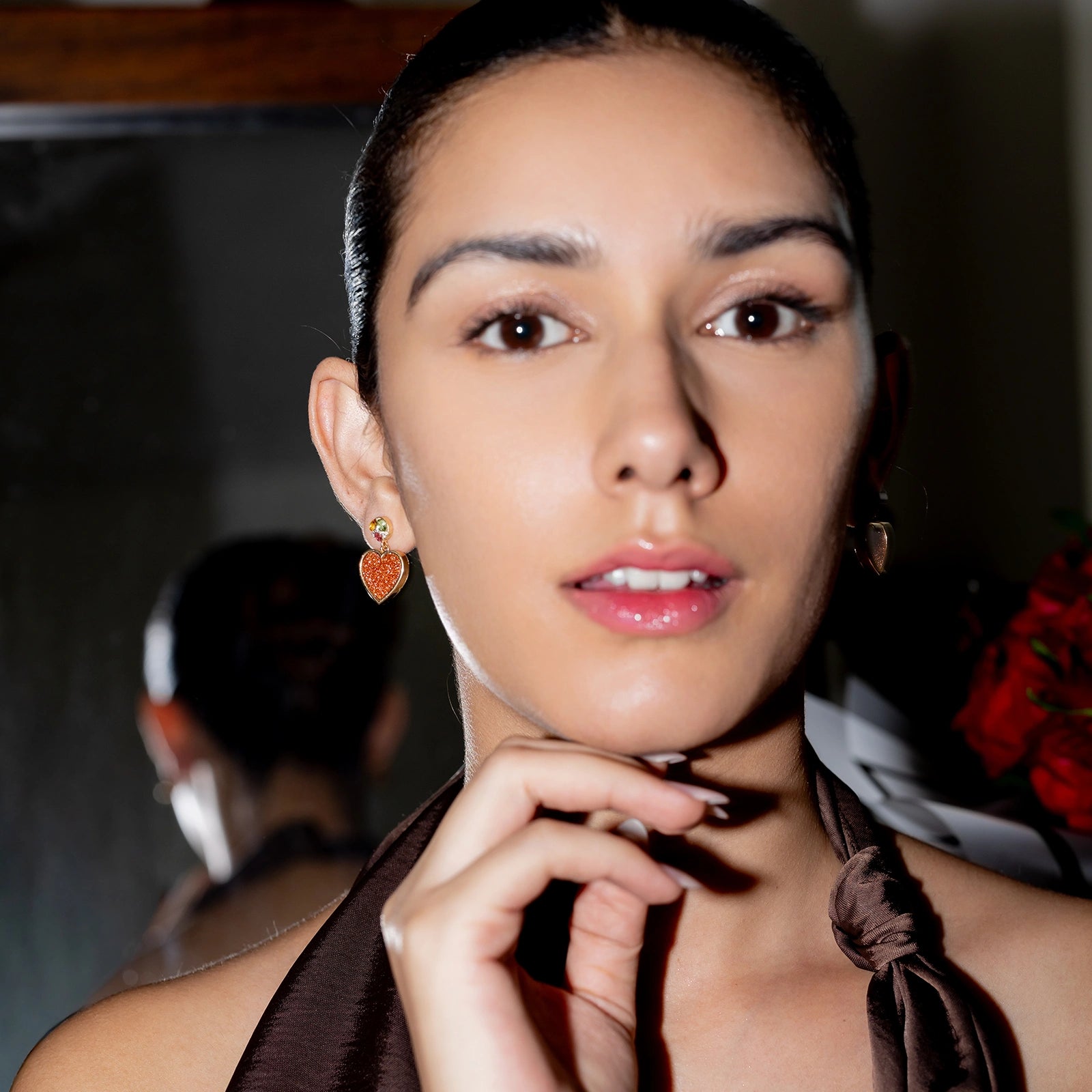 Belov Earrings in 14K gold with heart-shaped sunstone, tourmaline accents and natural diamond detailing.