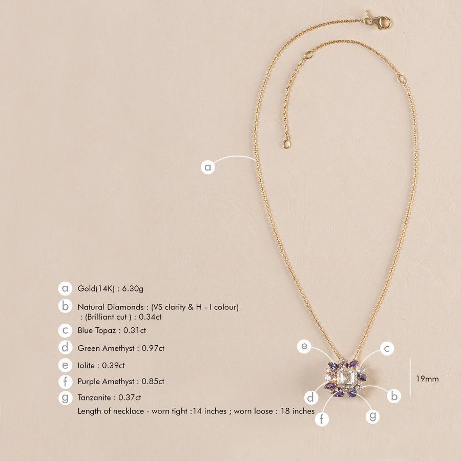 Viola amethyst tanzanite and blue topaz pendant necklace