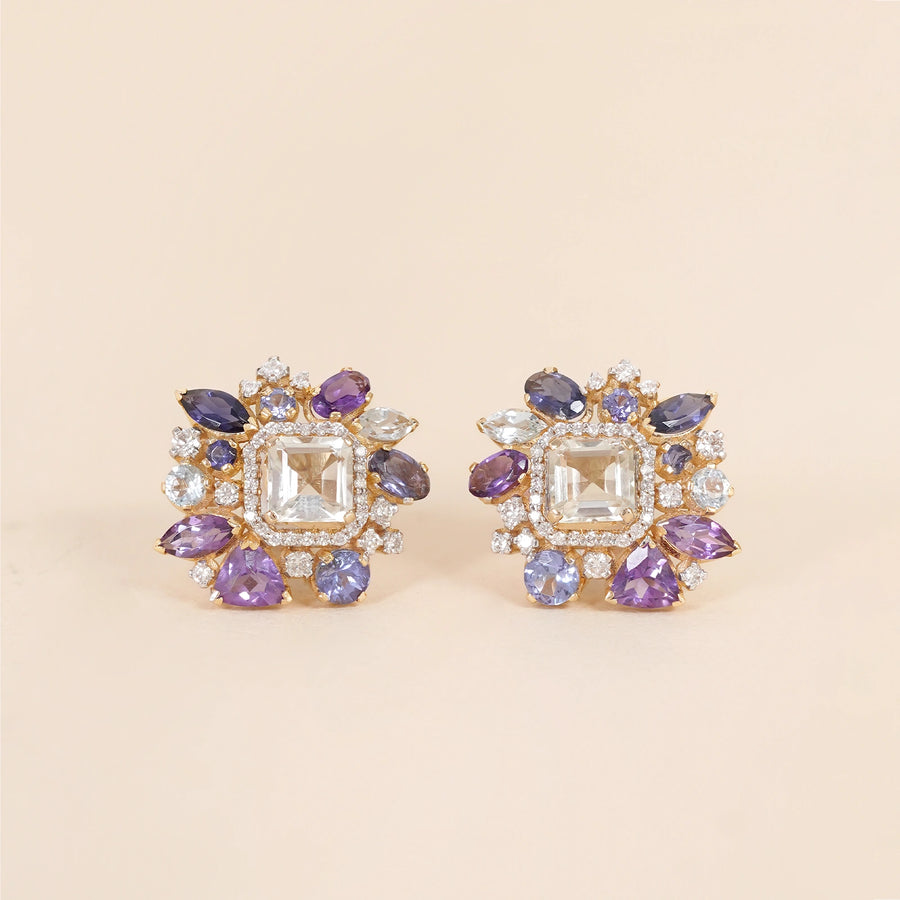 Gold Viola studs with green amethyst tanzanite and blue topaz gemstones.
