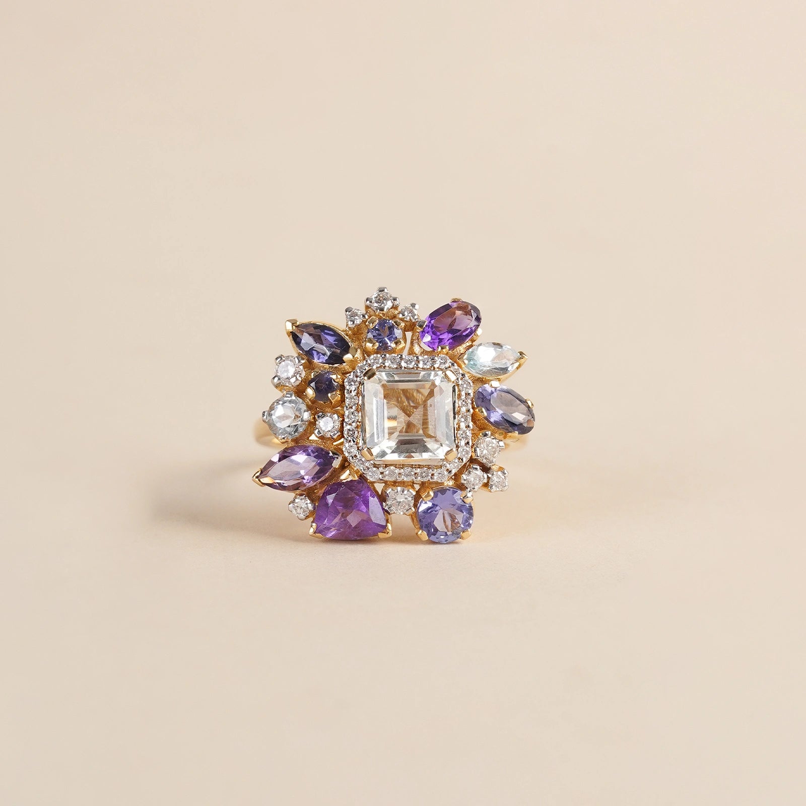 Gold Viola ring with green amethyst tanzanite and blue topaz