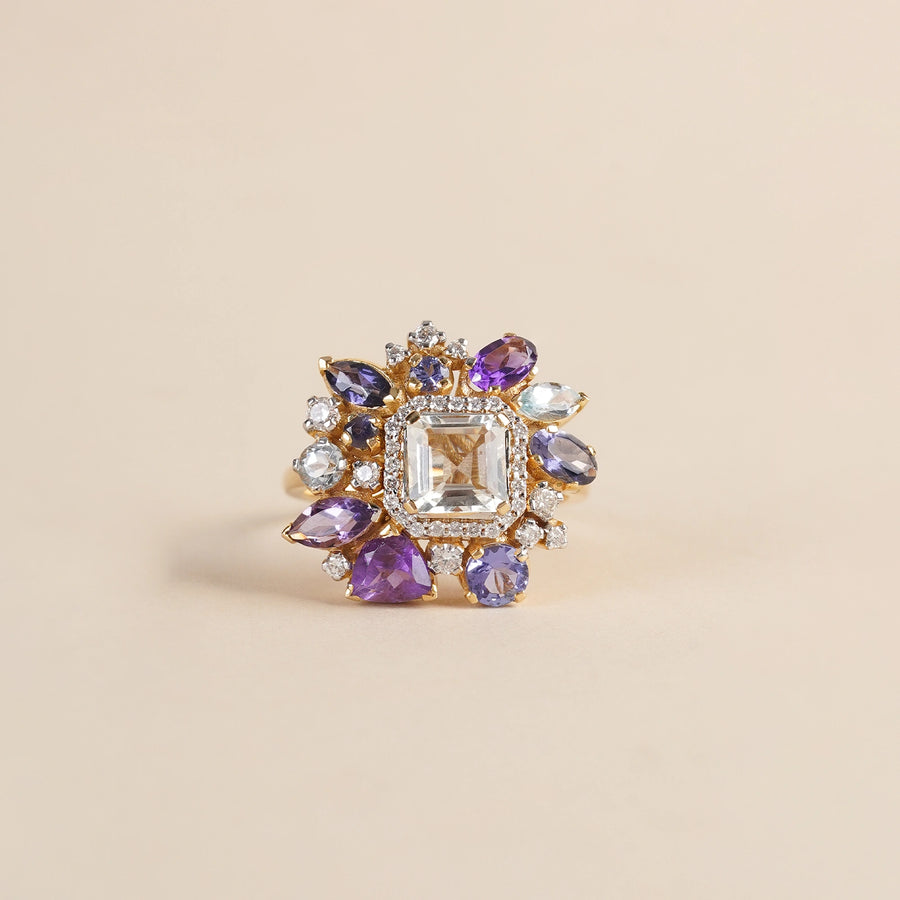 Gold Viola ring with green amethyst tanzanite and blue topaz