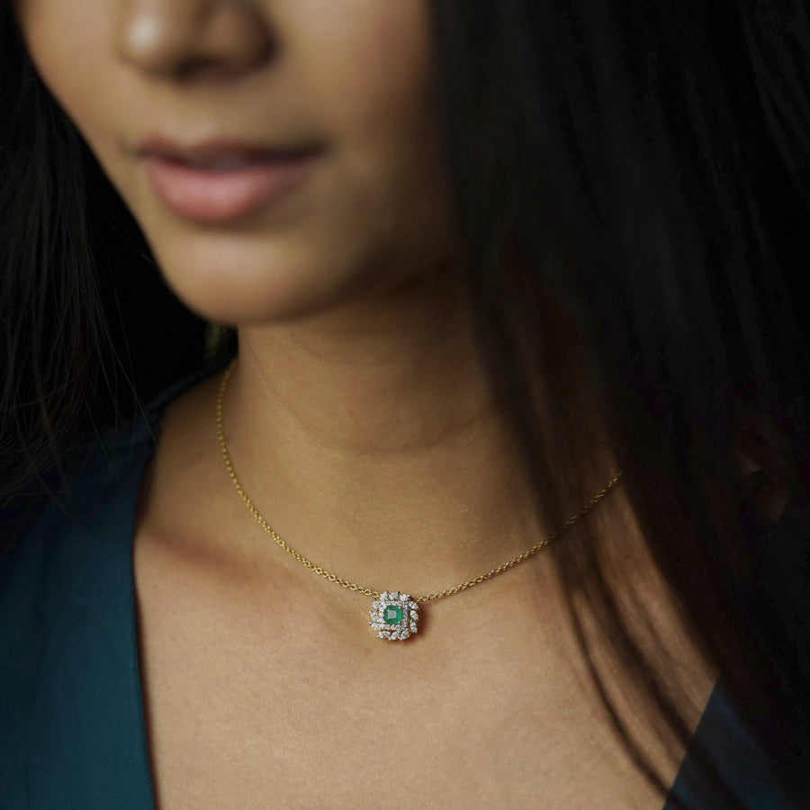 Gold Diamond and Emerald Pendant Necklace