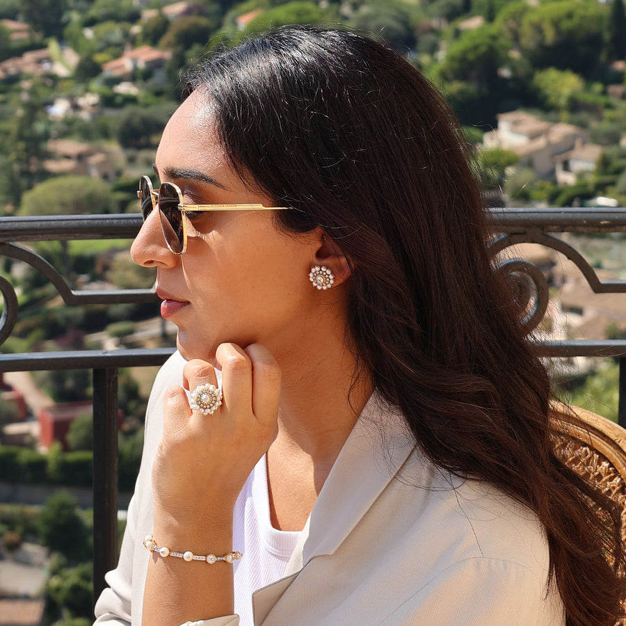 Pearl and diamond earrings on ear Clearance