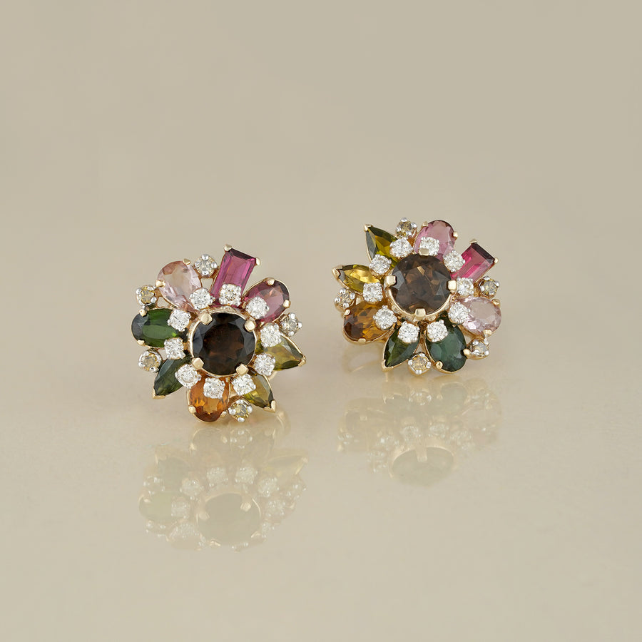 Gold and Colorful Gemstone Stud Earrings 