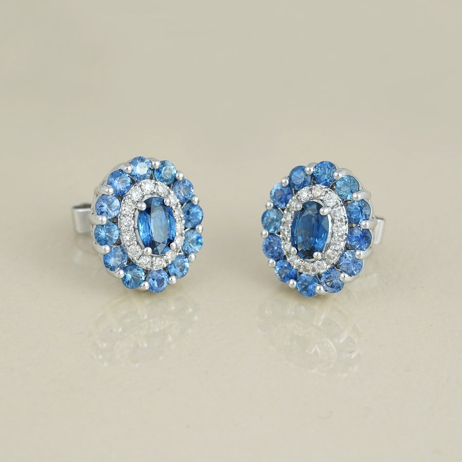 Gold Diamond and Blue Sapphire Stud Earrings